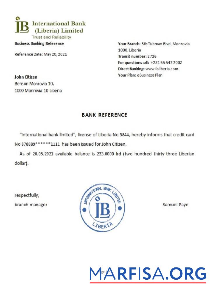 Printable Liberia IB International Bank reference real example